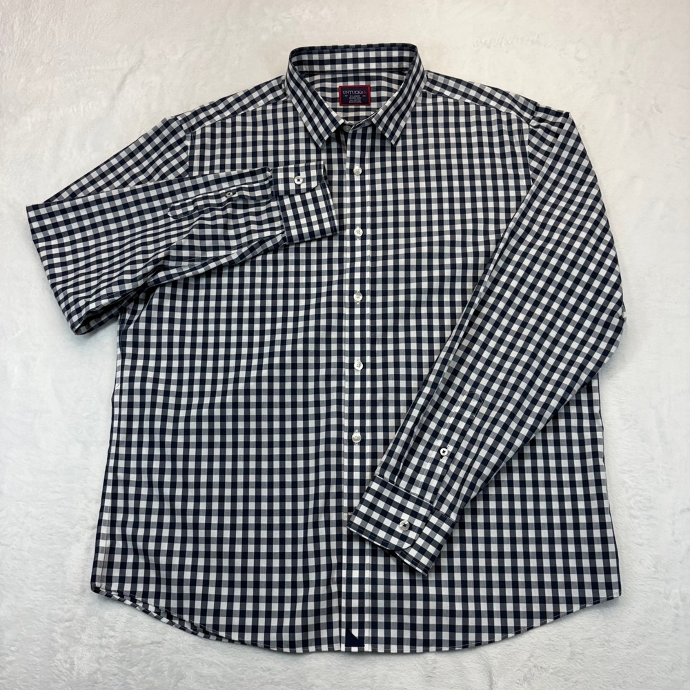 UNTUCKit Mens XL Wrinkle Free Navy Blue White Gingham Cotton Button Down Shirt